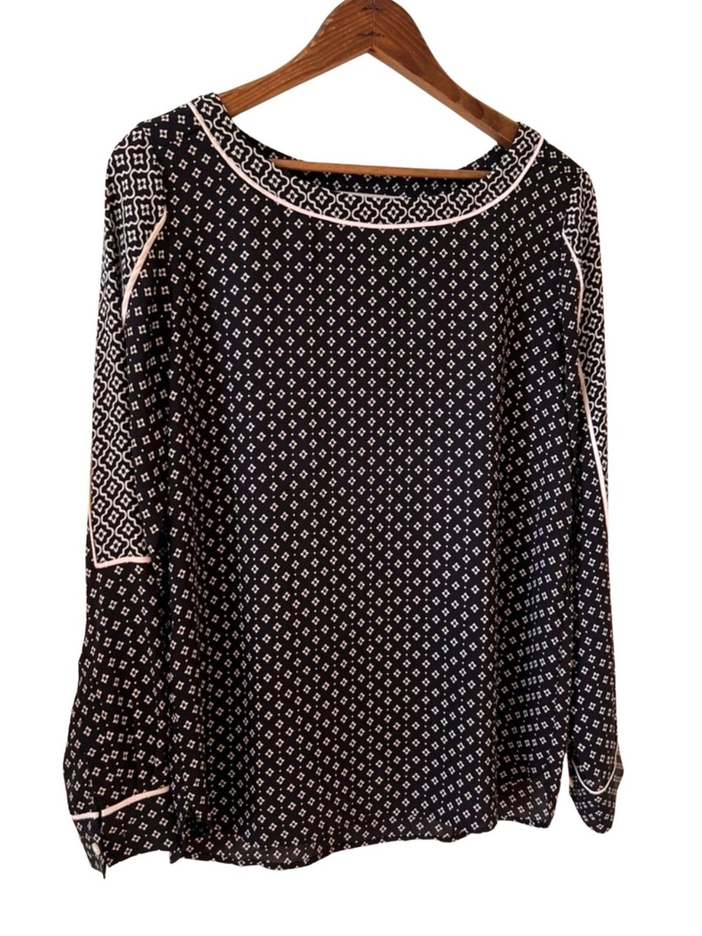 LOFT Black Cream Geo Print Long Sleeve Blouse XS